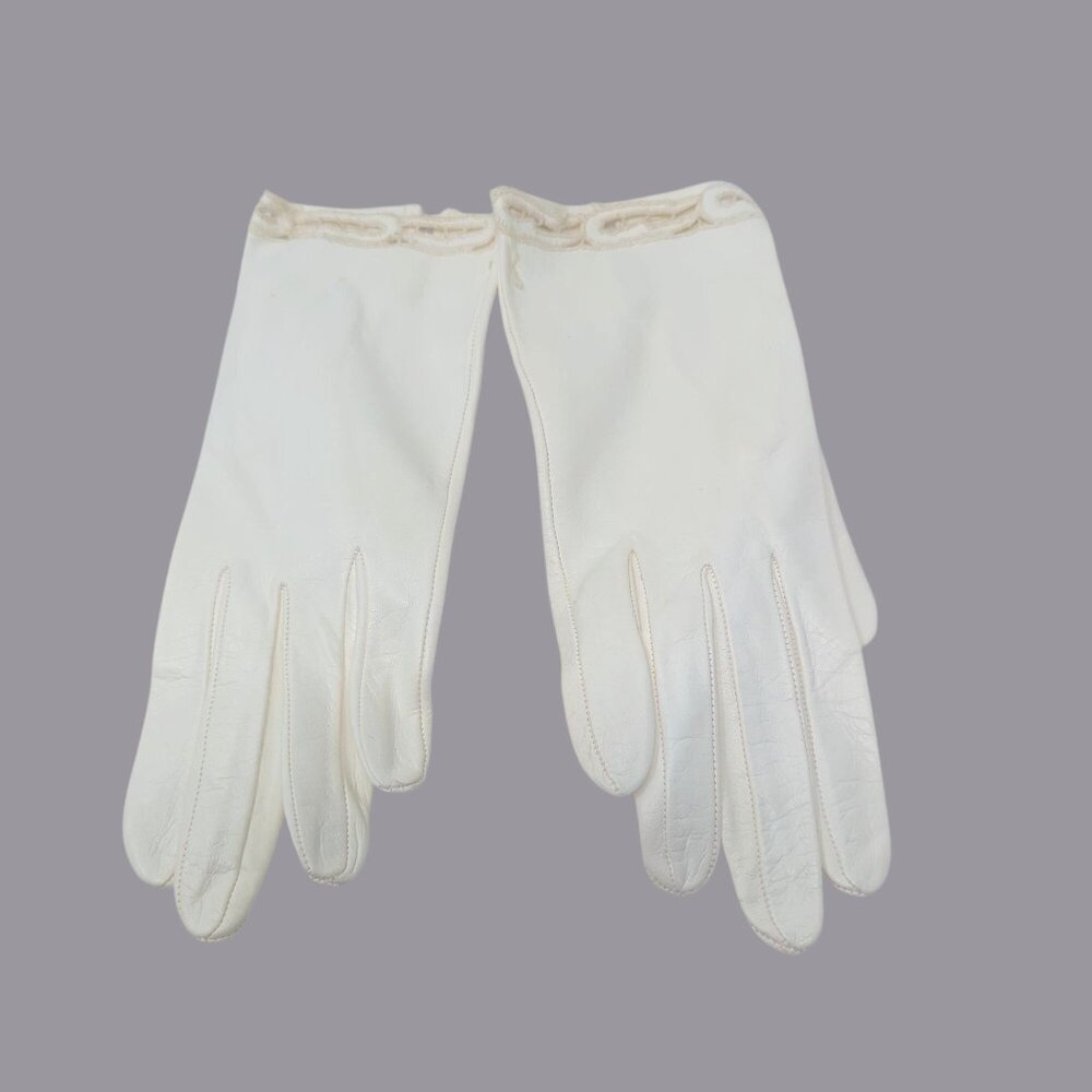 Vintage Antique Leather Gloves White Wrist Lace - Picture 4 of 10